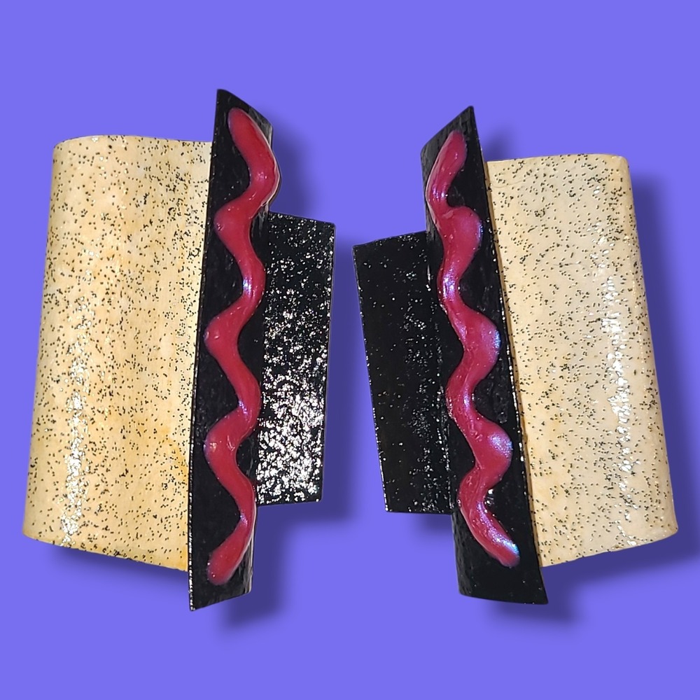 Vintage 1980s Paper‎ Mache Statement Earrings Black Pink Gold Glitter Big